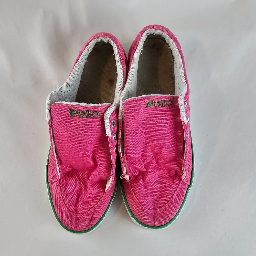 Polo Ralph Lauren Mens 7 Pink Canvas Slip On Sneakers Casual Pony Logo No Laces